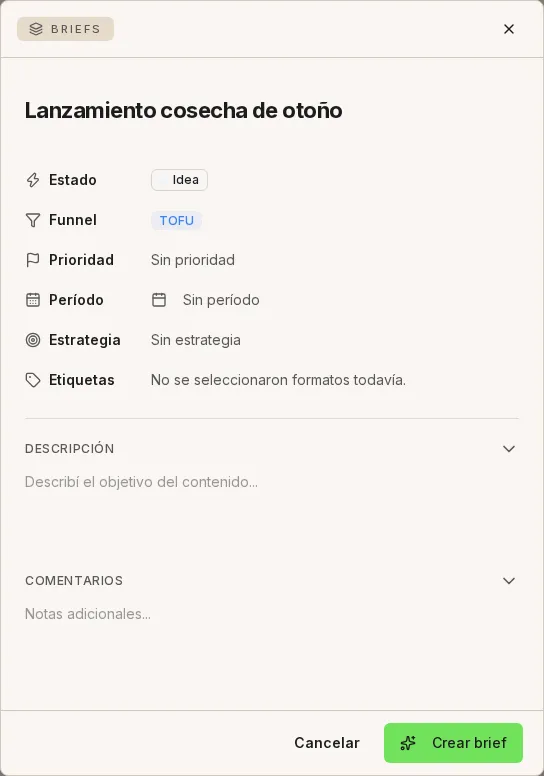 Formulario de nuevo brief