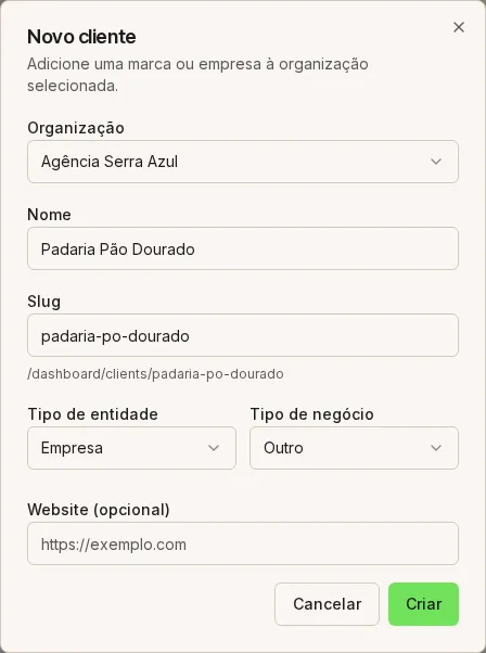 Formulário de novo cliente